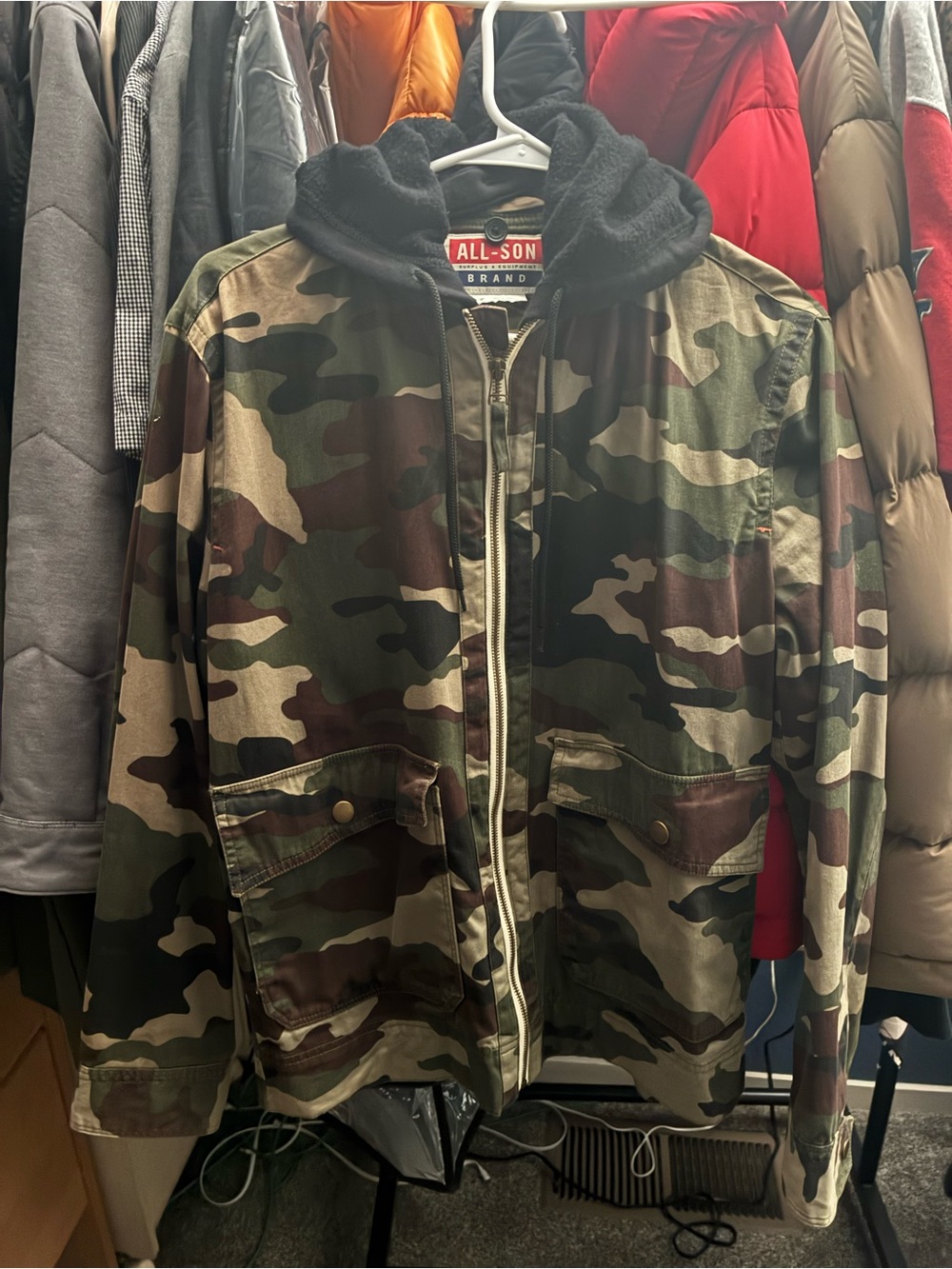 Men's Camo Field Jacket with Black Hood - Olive Green Camo